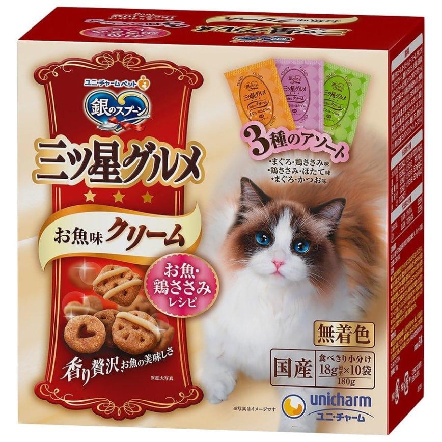 Unicharm 貓零食 日本三星銀匙貓脆餅 混合裝 金槍魚+雞肉及鰹魚及雞肉+扇貝 180g (橙紫綠)
