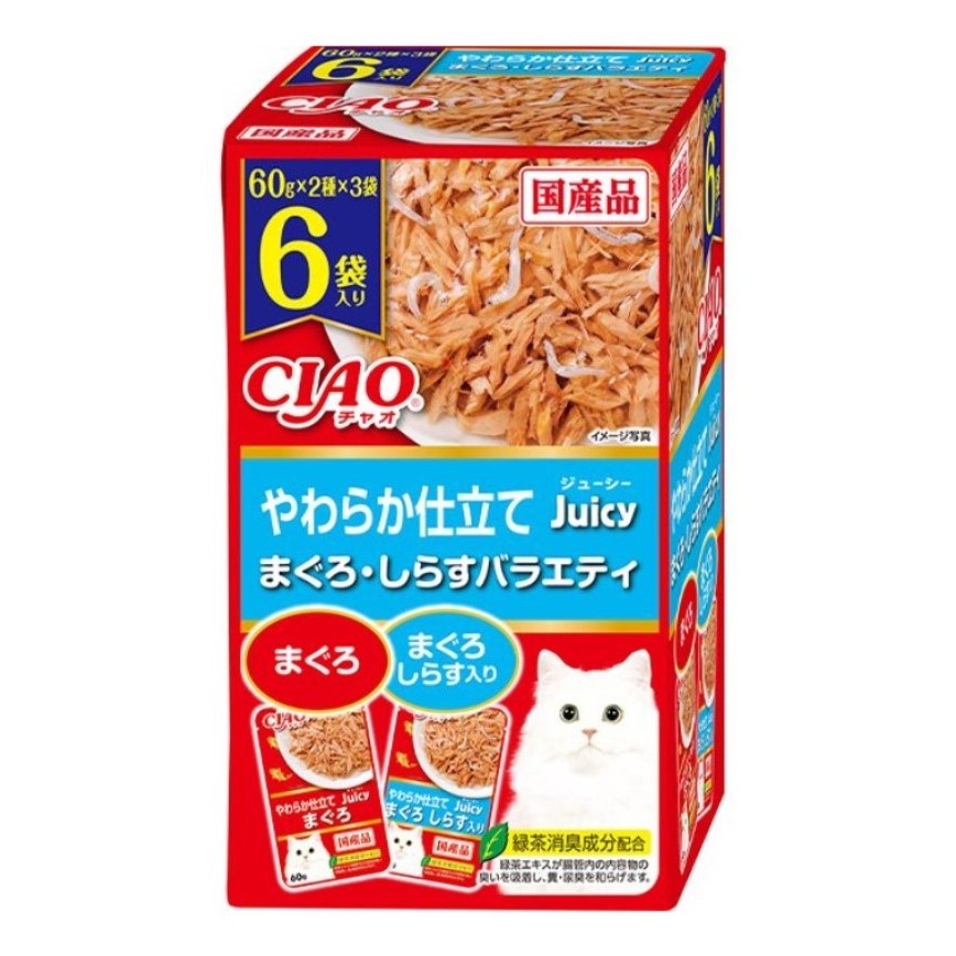 CIAO 貓濕糧 Juicy系列 金槍魚+金槍魚白身 60g 6袋入 (淺藍) (IC-403) (TBS) 圖 1