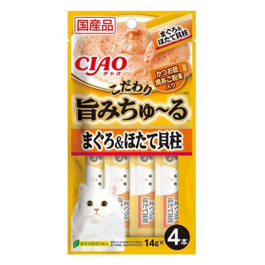 CIAO 肉泥 貓零食 旨みちゅ〜る 金槍魚扇貝 +飛魚乾粉 14g 4本入 (SC-343) (停售) 圖 1