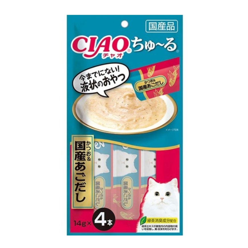 CIAO 肉泥 貓零食 飛魚乾粉+鰹魚肉醬 14g 4本入 (藍) (SC-178) 圖 1