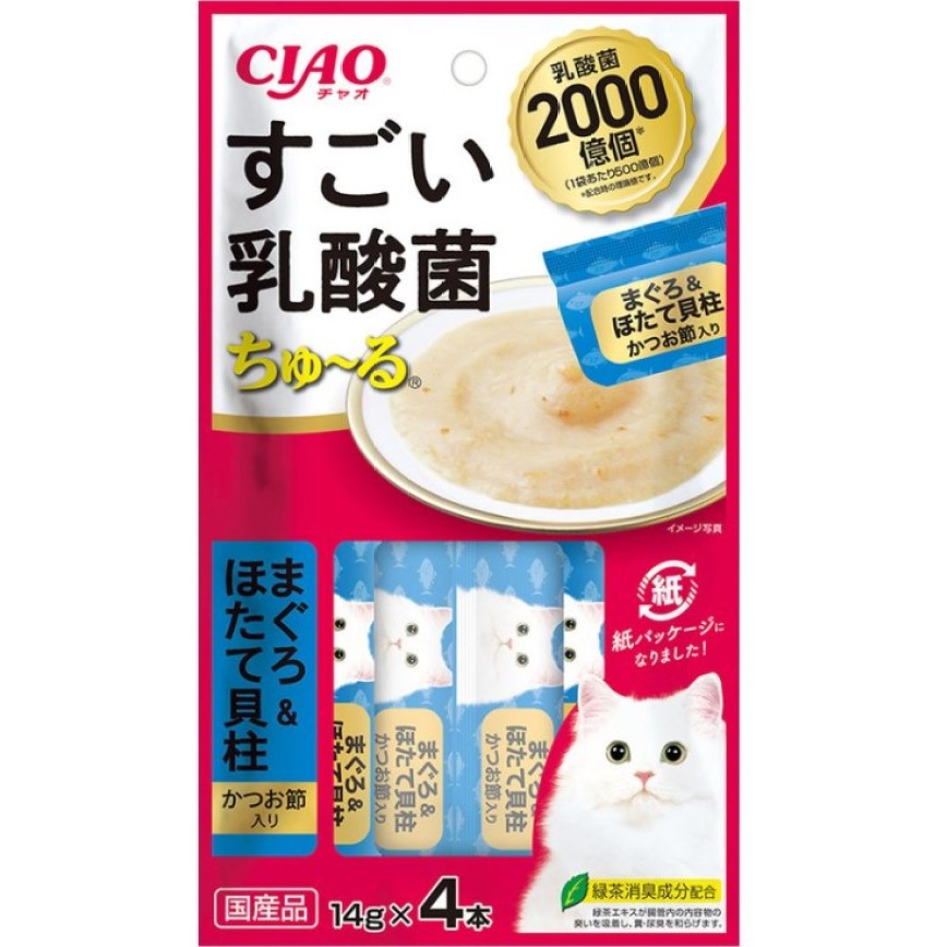 CIAO 肉泥 貓零食 2000億個乳酸菌 鰹魚乾+金槍魚扇貝肉醬 14g 4本入 (深) (SC-394) 圖 1