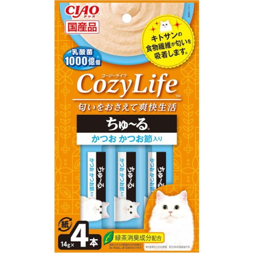CIAO 肉泥 貓零食 CozyLife系列 鰹魚乾+鰹魚肉醬 14g 4本入 (淺藍) (SC-403) 圖 1
