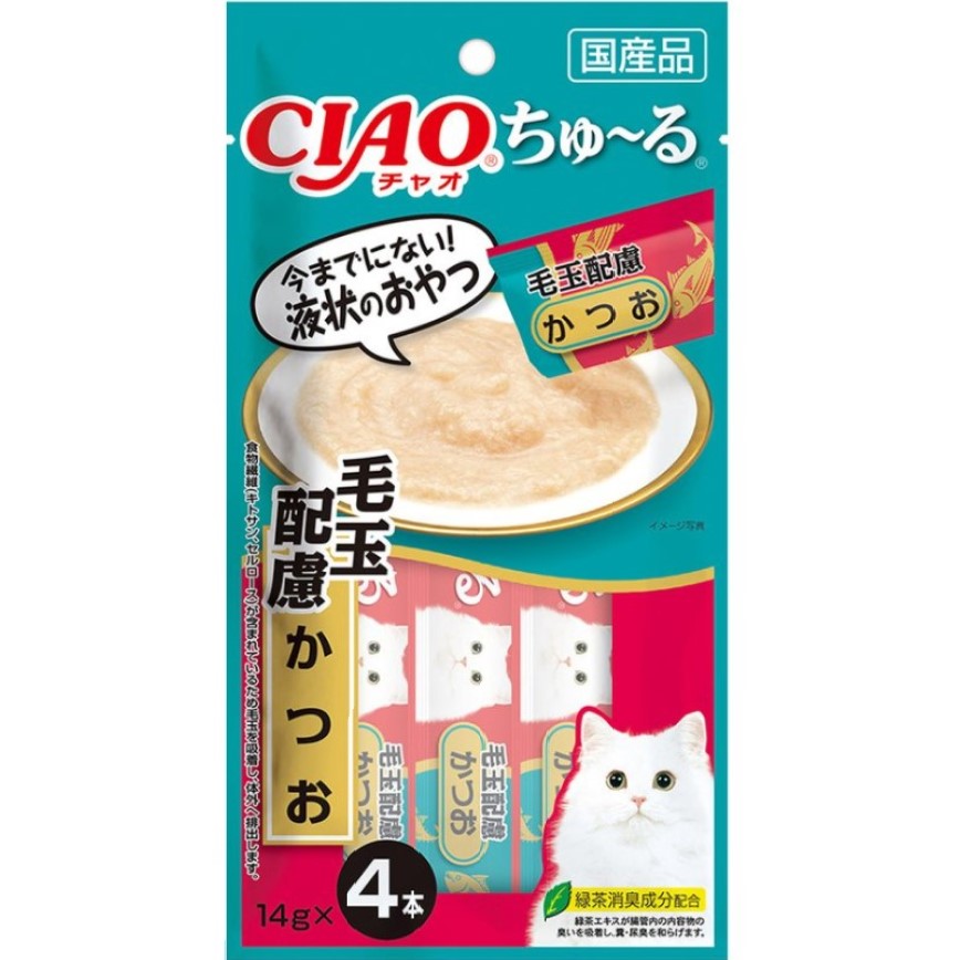 CIAO 肉泥 貓零食 毛玉配慮 鰹魚肉醬 14g 4本入 (綠) (SC-297) 圖 1