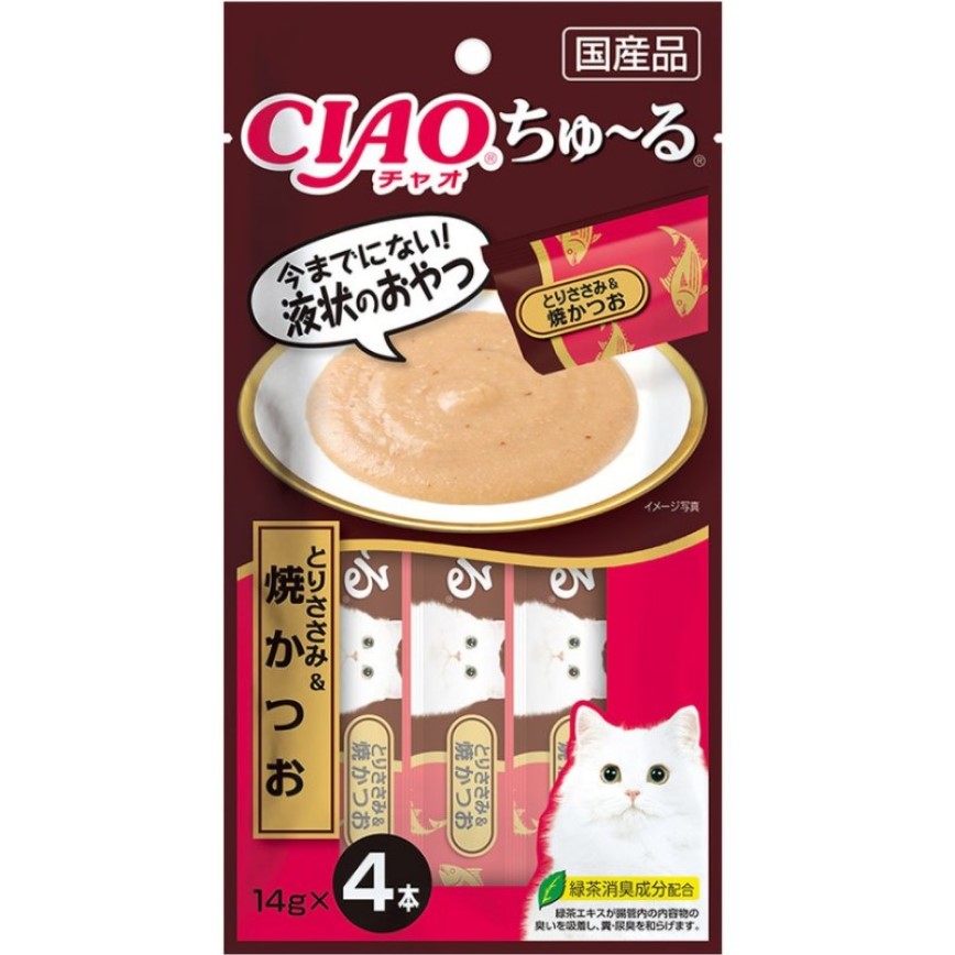 CIAO 肉泥 貓零食 雞肉+燒鰹魚肉醬 14g 4本入 (棕) (SC-247) (TBS) 圖 1