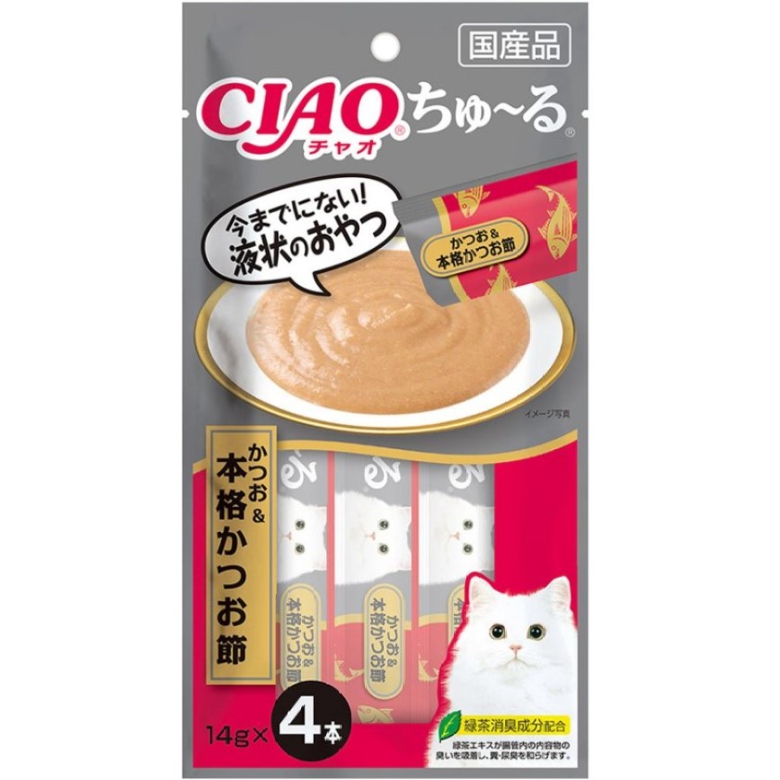 CIAO 肉泥 貓零食 鰹魚乾+鰹魚肉醬 14g 4本入 (灰) (SC-246) 圖 1