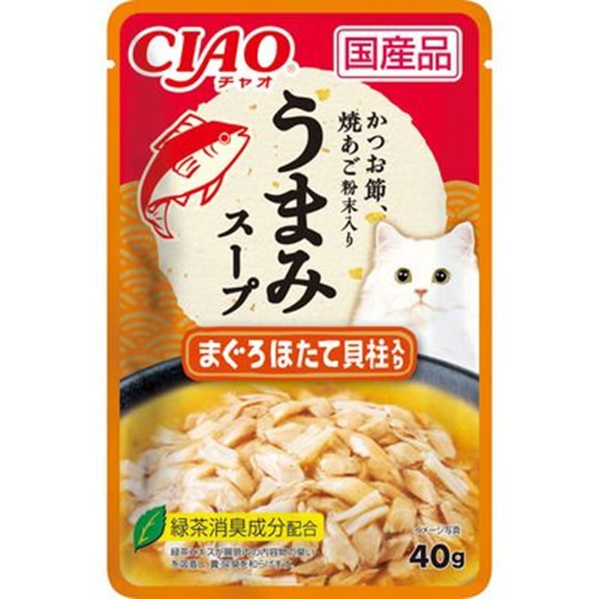 CIAO 貓濕糧 日本滋味湯軟包系列 金槍魚扇貝+飛魚乾粉 40g (橙) (IC-353) 圖 1