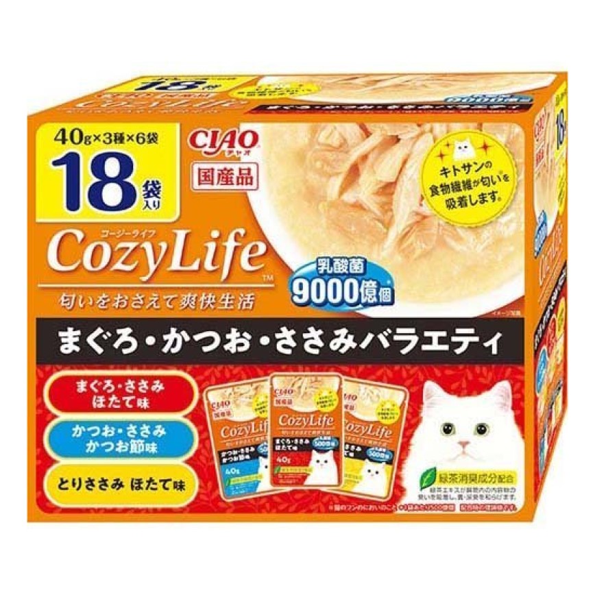 CIAO 貓濕糧 CozyLife 金槍魚+鰹魚+雞肉組合裝 40g 18袋入 (橙紅) (IC-430) 圖 1