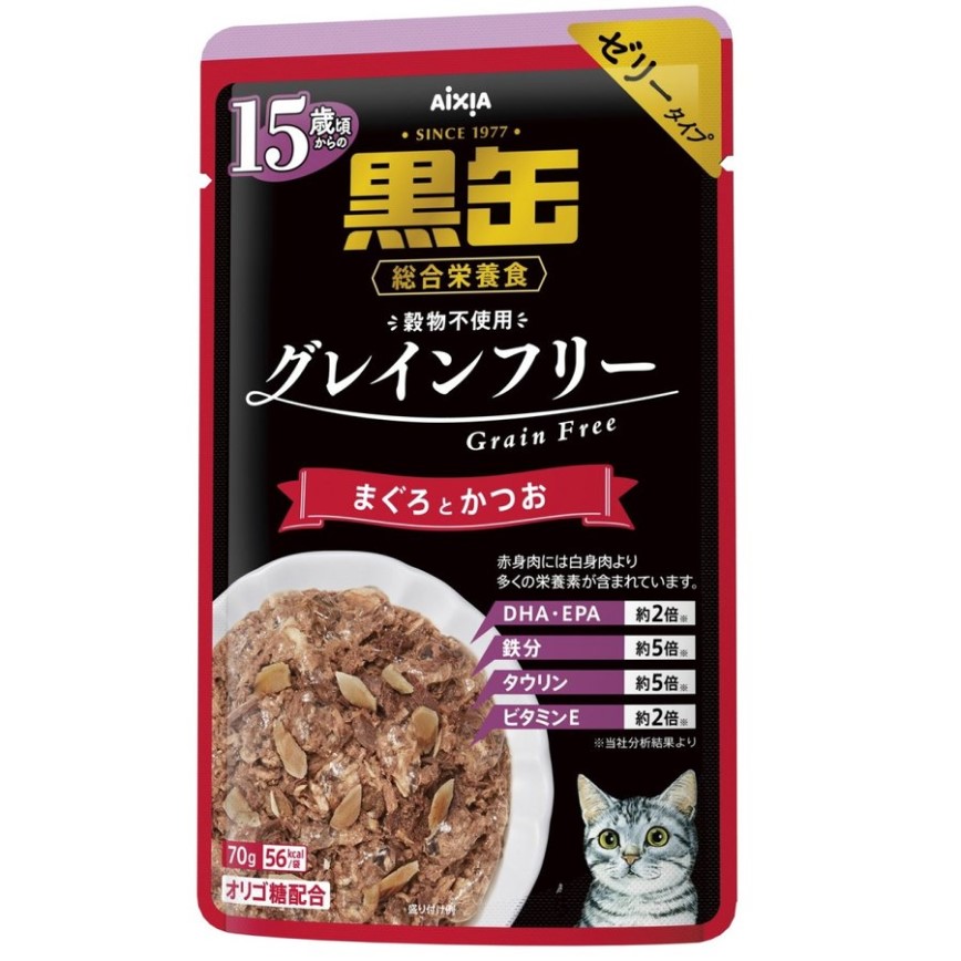 日本AIXIA 愛喜雅 黑缶系列 綜合營養啫哩濕糧包 無穀物 15歲以上 金槍魚+鰹魚 70g (紫紅) (TBS) 圖 1