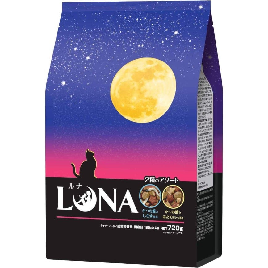 日本Petline 貓糧 LUNA 成貓用 日本國產 鰹魚白身魚+扇貝 720g (藍紅)