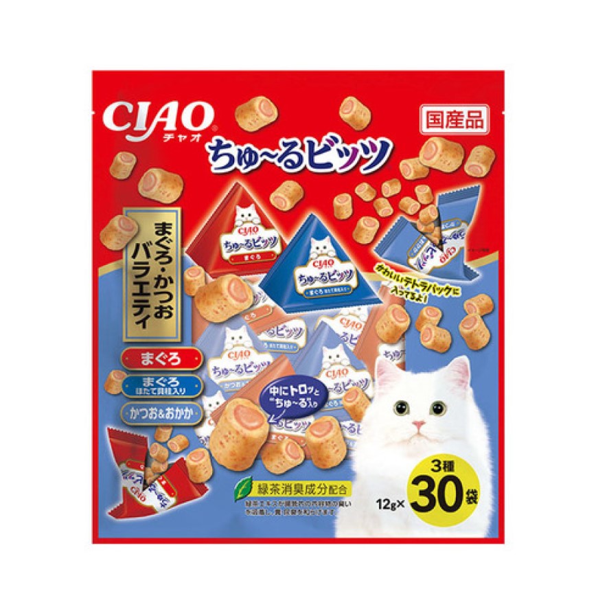 CIAO 貓零食 日本軟心零食粒 雞肉+金槍魚+鰹魚味 12g 30袋入 (CS-205) 圖 1
