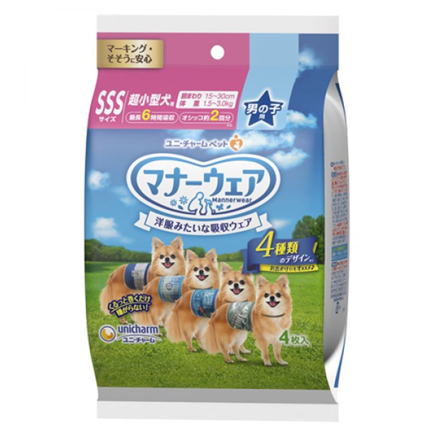 Unicharm 公⽝⽤禮儀褲-SSS-碼 1.5-3kg 15-30cm 4片 (ucj1sss1)