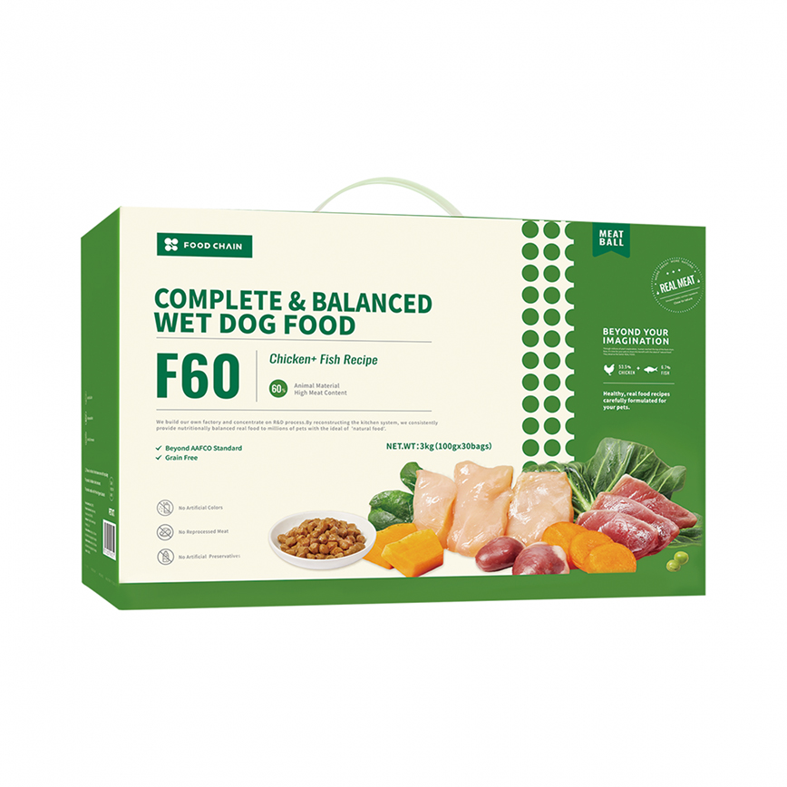 FOOD CHAIN F60成⽝全營養低溫鮮煮主⻝糧 雞⾁+吞拿⿂ 100g 30包裝 (fc90351) 