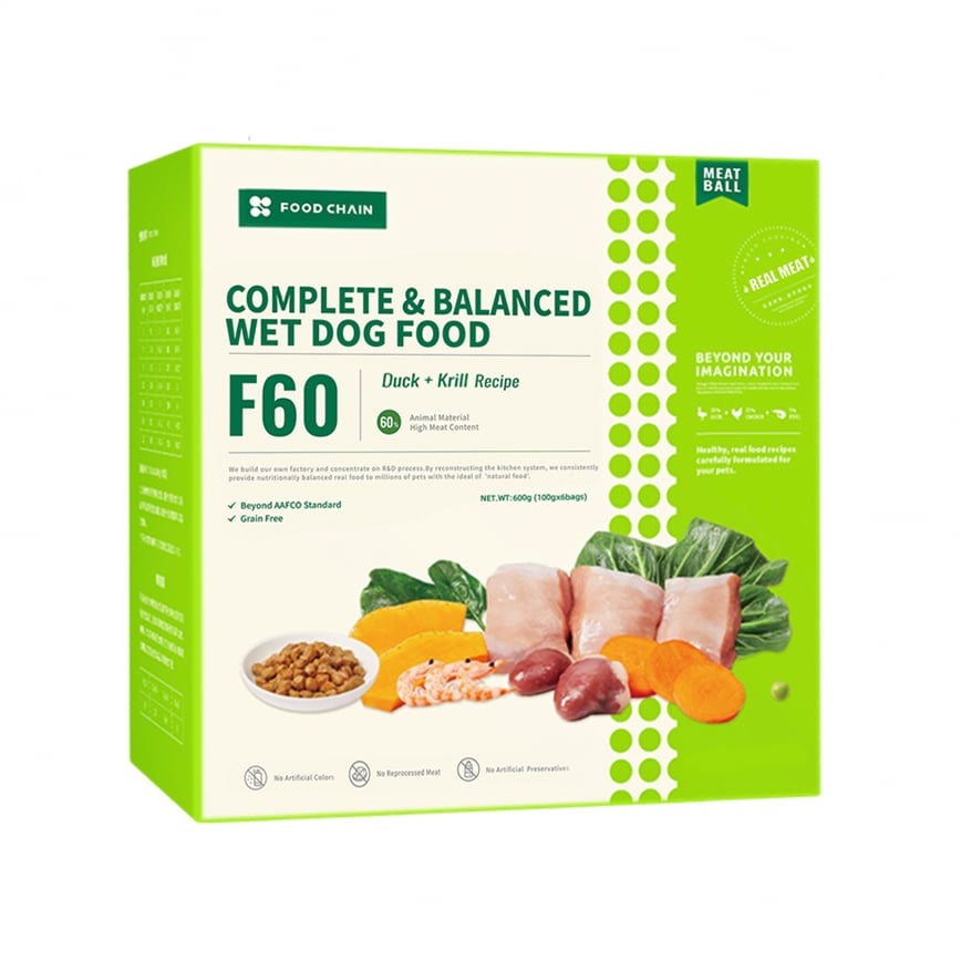FOOD CHAIN F60成⽝全營養低溫鮮煮主⻝糧 鴨⾁+磷蝦 100g 6包裝 (fc90627) 