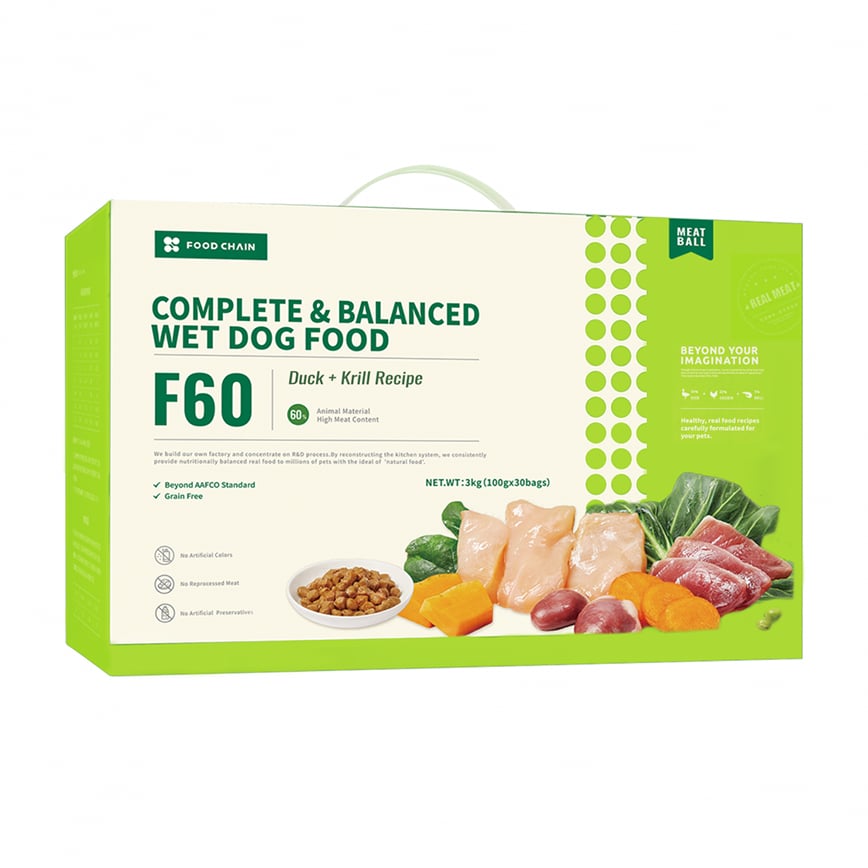 FOOD CHAIN F60成⽝全營養低溫鮮煮主⻝糧 鴨⾁+磷蝦 100g 30包裝 (fc90375) 