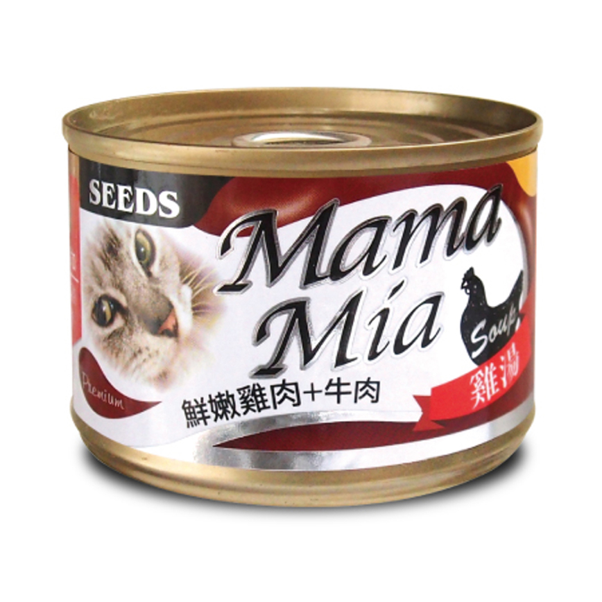 SEEDS 貓罐頭 Mamamia機能雞湯罐 鮮嫩雞⾁+⽜⾁+⽜磺酸 170g (ma03) 