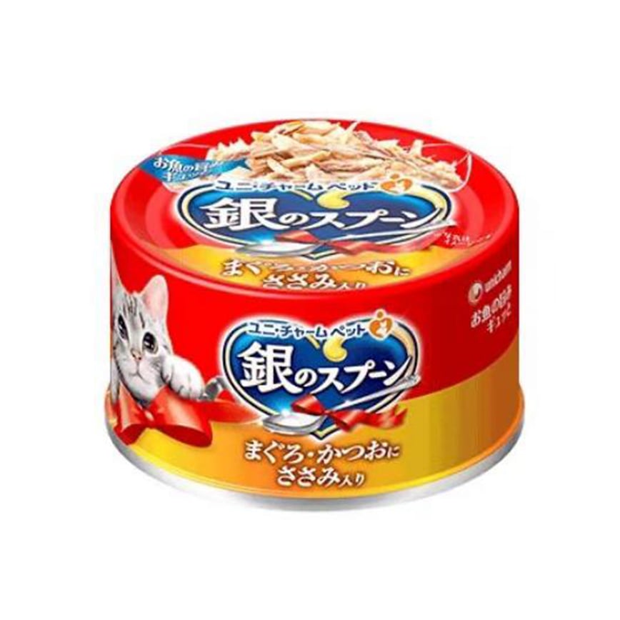 Unicharm 貓罐頭 銀匙特級成貓罐頭 鰹⿂⾦槍⿂配⽅+雞⾁ 70g (uc30341) 圖 1