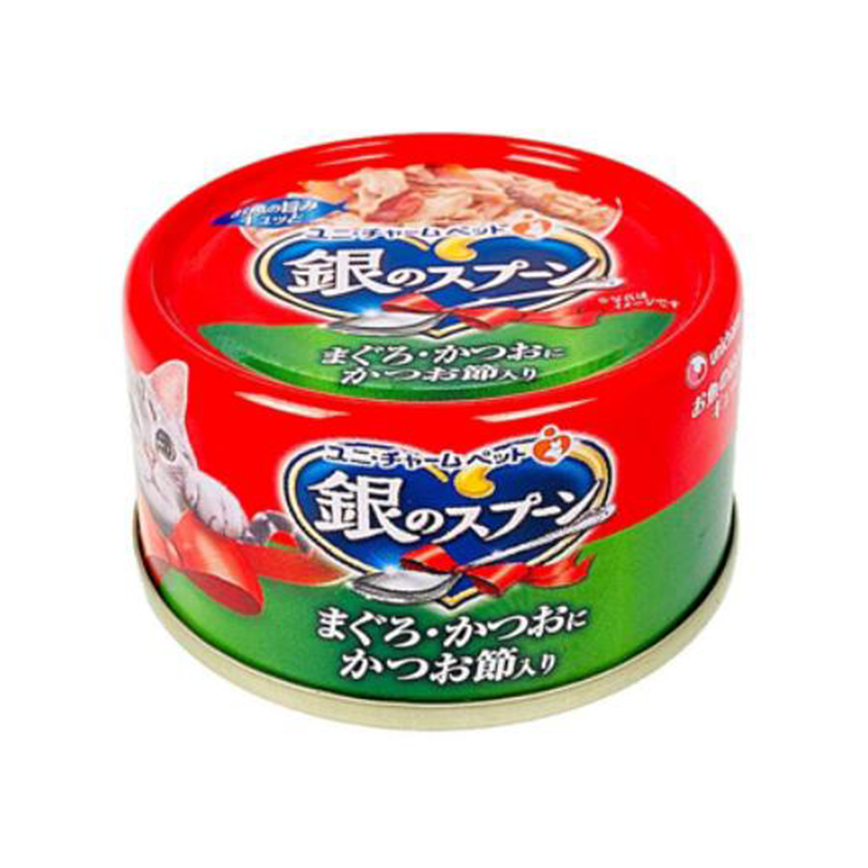 Unicharm 貓罐頭 銀匙特級成貓罐頭 鰹⿂⾦槍⿂配⽅+⽊⿂花 70g (uc30556)
