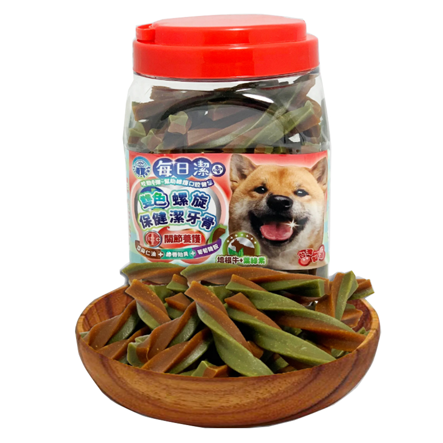 每日潔 雙色螺旋保健潔牙骨 桶裝 關節養護 培根牛+葉綠素 800g (7171) 