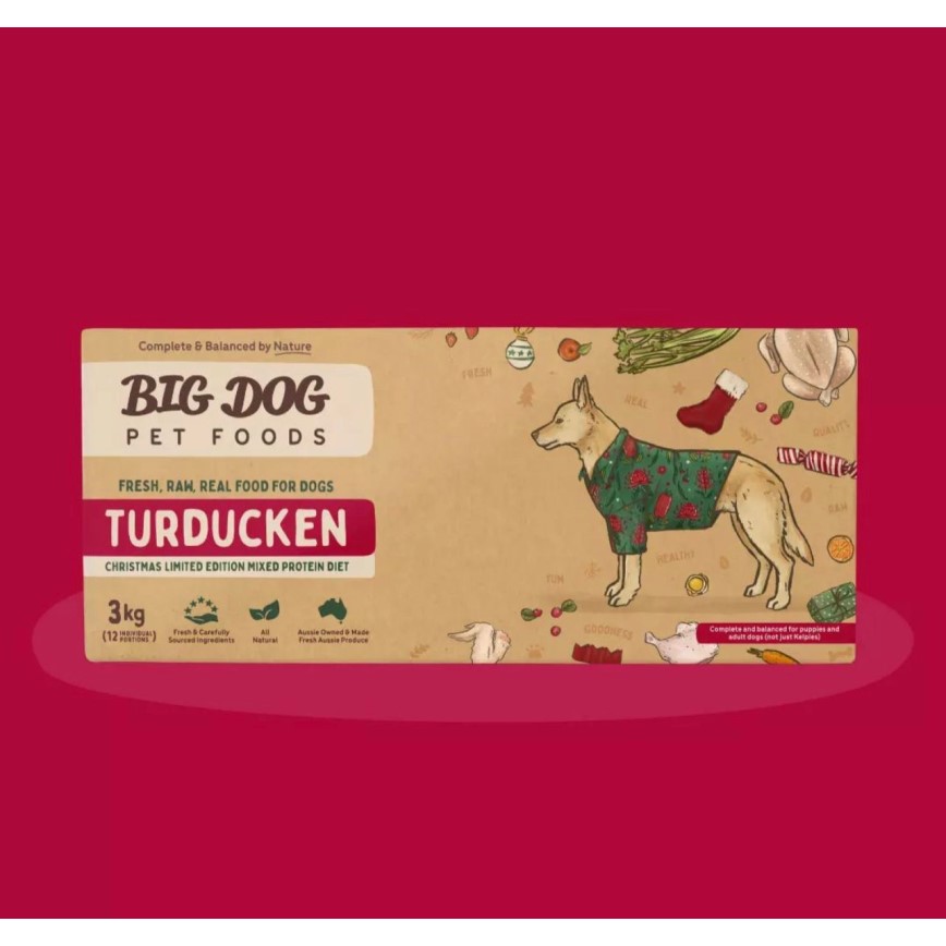 Big Dog 狗糧 急凍生肉糧 聖誕特別版 火雞+鴨肉+雞肉+水果蔬菜配方 3kg (12PCSX250g) (需冷藏)
