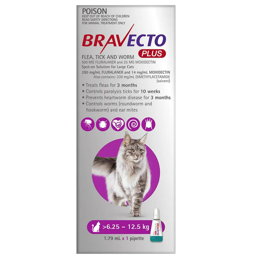 Bravecto Plus spot-on solution for large cats (6.25-12.5kg)1P