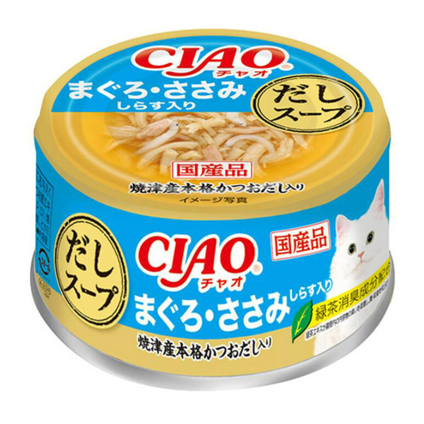 CIAO 貓罐頭 燒津鰹魚湯 吞拿魚+雞肉+白飯魚 75g (A-234) 圖 1