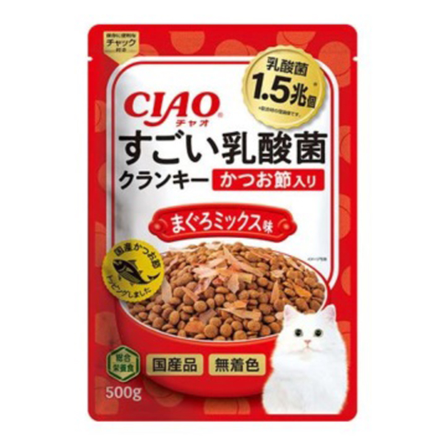 CIAO 貓糧 1.5兆億個 乳酸菌夾心乾糧 鰹魚節 吞拿魚味 500g (P-255)