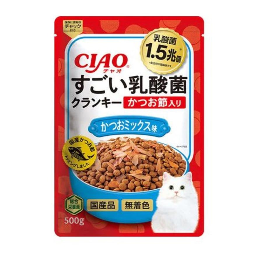 CIAO 貓糧 1.5兆億個 乳酸菌夾心乾糧 鰹魚節 鰹魚+吞拿魚味 500g (P-256)