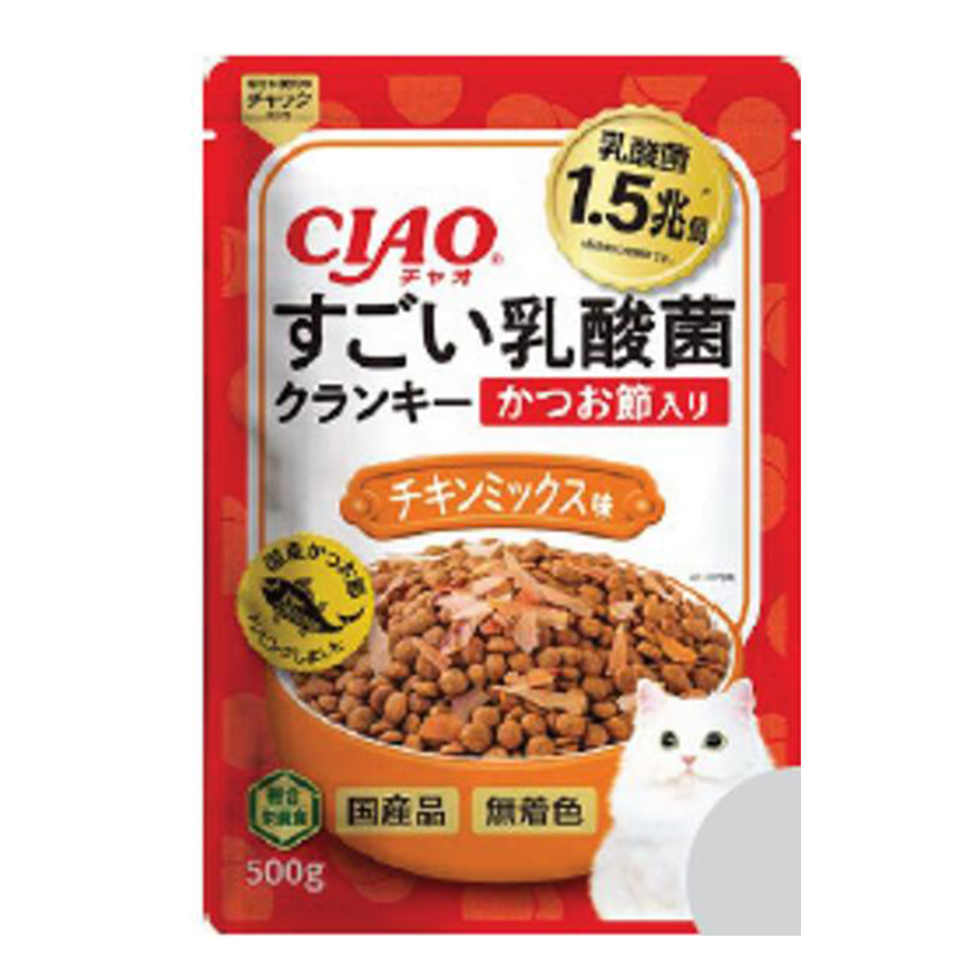 CIAO 貓糧 1.5兆億個 乳酸菌夾心乾糧 雞肉+鰹魚片味 500g (P-257)
