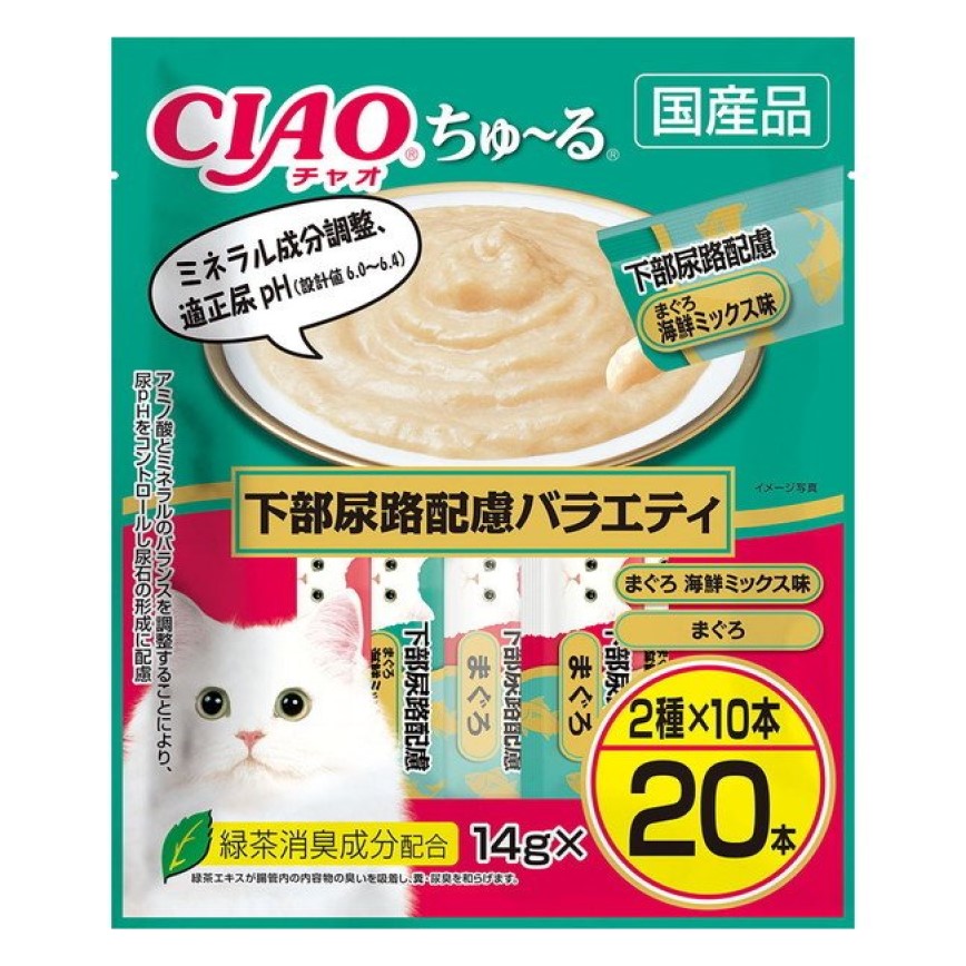 CIAO 肉泥 貓零食 下部尿路配慮 金槍魚什錦海鮮肉醬 14g 20本袋裝 (粉紅) (DSC-09) (賞味期限 2025.06.01) 圖 1