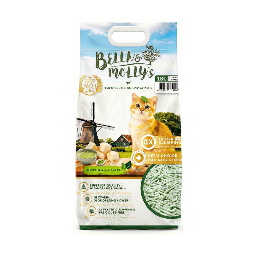 Bella & Molly's貝莉 3.0mm 豆腐貓砂 天然超結團 綠茶味 18L - 原裝行貨