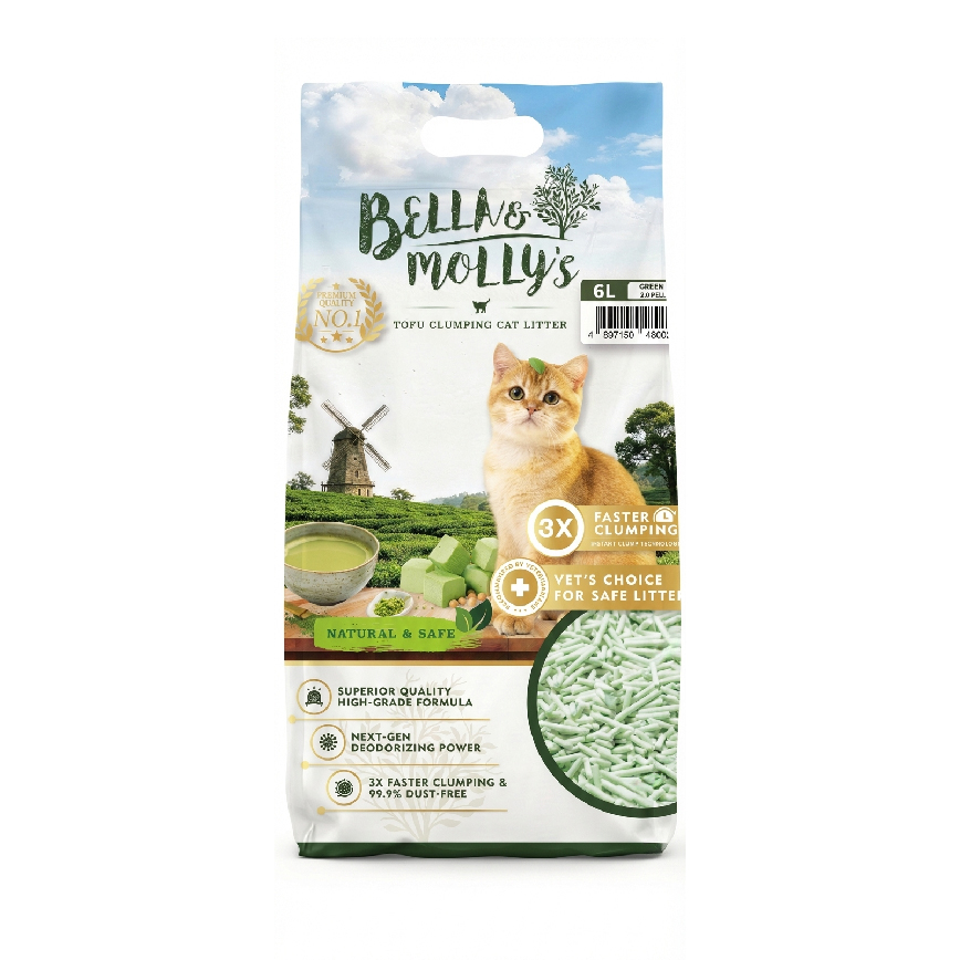 Bella & Molly's貝莉 2.0mm 豆腐貓砂 天然超結團 綠茶味 6L - 原裝行貨