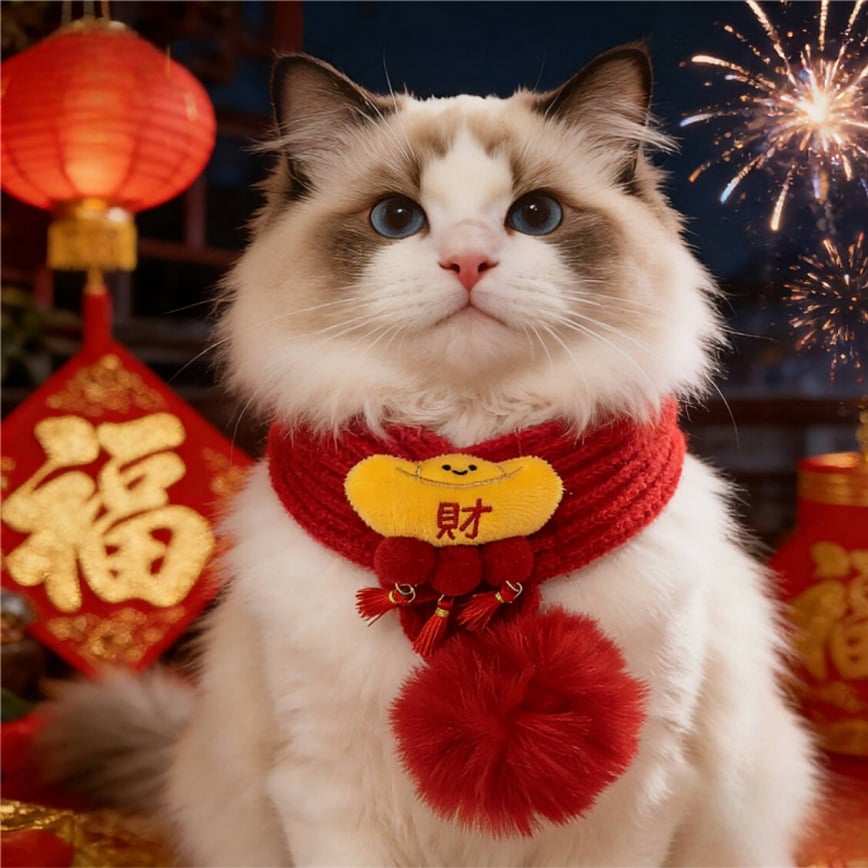 寵物圍巾 新年毛線醒獅發財配飾貓咪圍巾 款式隨機 1套