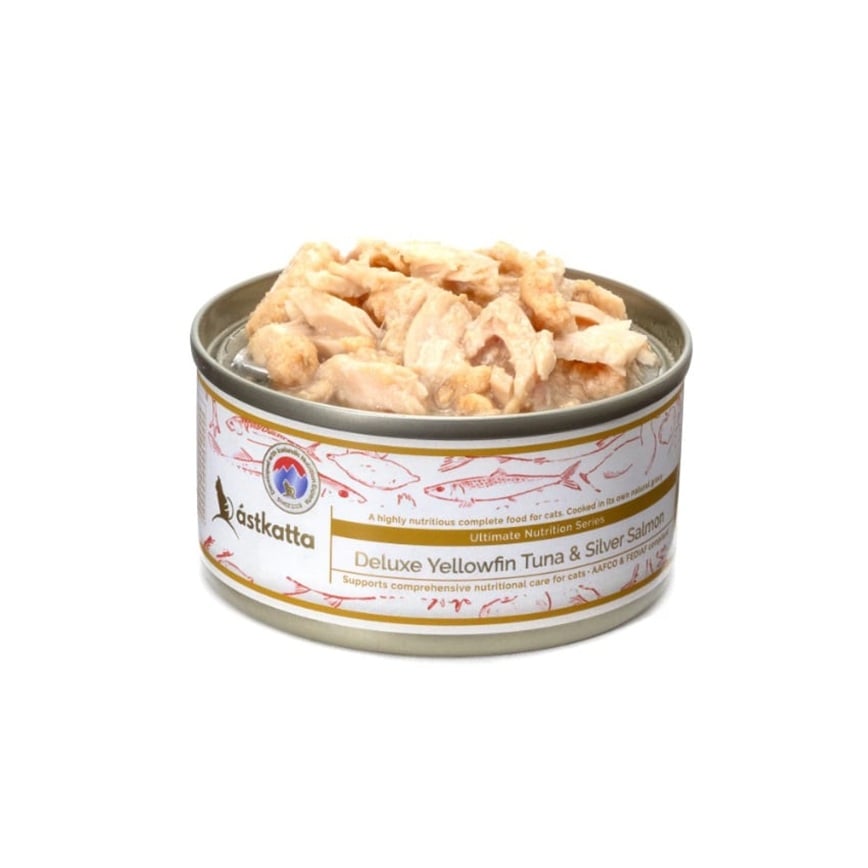 Astkatta 冰島罐 貓罐頭 黃鰭吞拿銀三文魚主食配方 (尊享肉絲罐) 80g (P00197)