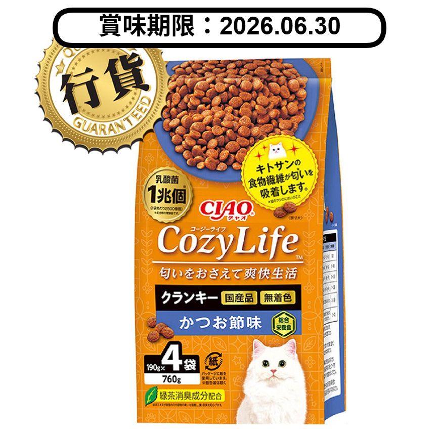 CIAO 爽快生活乳酸菌+甲殼素貓糧 木魚味 190g×4 (P-332) (賞味期限 2026.06.30) 圖 1