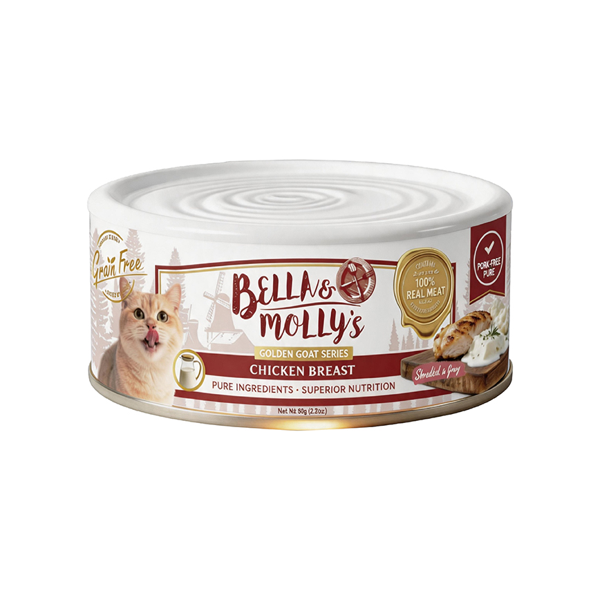 Bella & Molly's貝莉 貓罐頭 無穀物黃金羊奶系列 嫩雞雞絲湯汁 80g - 限時試食價