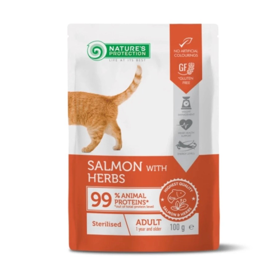 Nature's Protection 貓濕糧 成貓主食袋裝濕糧 絕育貓配方 三文魚+香草 (KIP59100G)