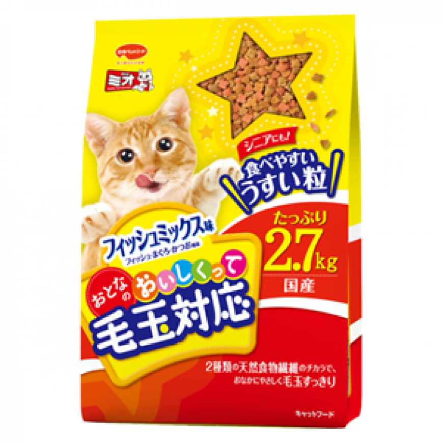 日本Mio三才 特選去毛球貓糧 成貓專用混合魚味 2.7kg (黃色) (破損品) (停售)