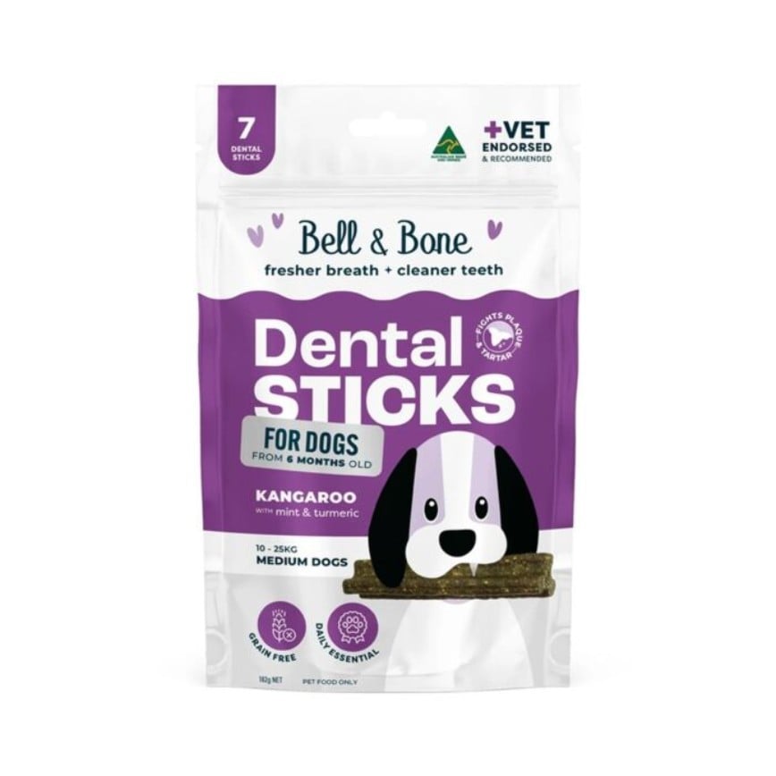 Bell & Bone 狗零食 袋鼠+薄荷薑黃 天然潔齒棒 中型犬(適合10-25kg) 7條 (BB_D_K_M)