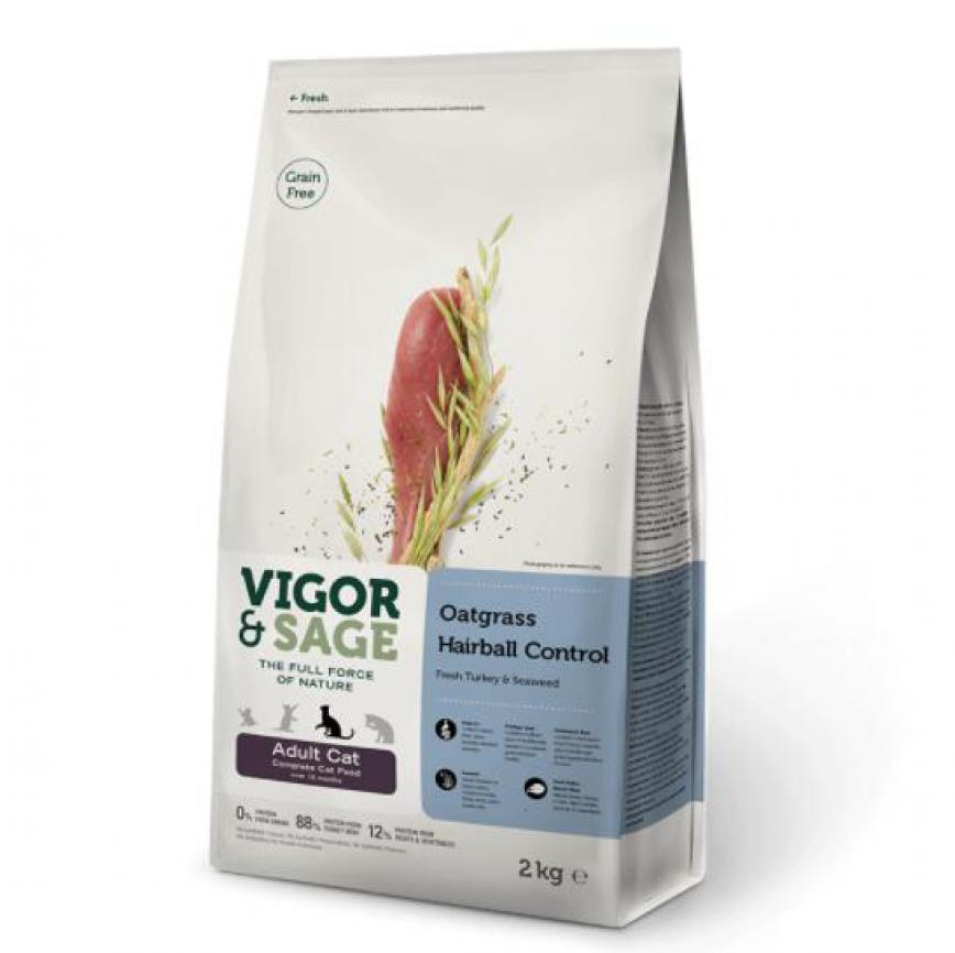 VIGOR & SAGE 無穀物天然糧 燕麥草去毛球成貓 (新鮮去骨火雞肉+海苔) Oatgrass Hairball Control Adult Cat 400g (停售) 圖 1