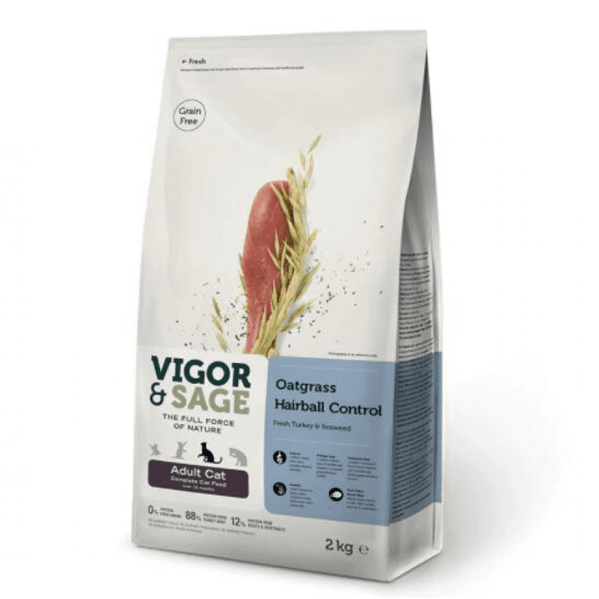 VIGOR & SAGE 無穀物天然糧 燕麥草去毛球成貓 (新鮮去骨火雞肉+海苔) Oatgrass Hairball Control Adult Cat 2kg (17014) (TBS)