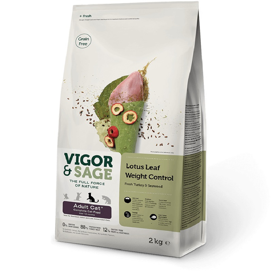 VIGOR & SAGE 無穀物天然糧 荷葉減重成貓(新鮮去骨火雞肉+海苔) Lotus Leaf Weight Control Adult Cat 2kg (17016) (TBS)