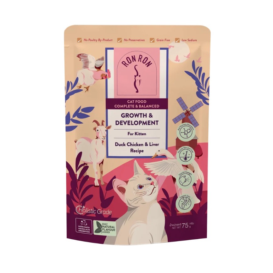 RONRON 貓濕糧 幼貓主食包 美毛系列 鴨雞肉雞肝 75g (RON60603)