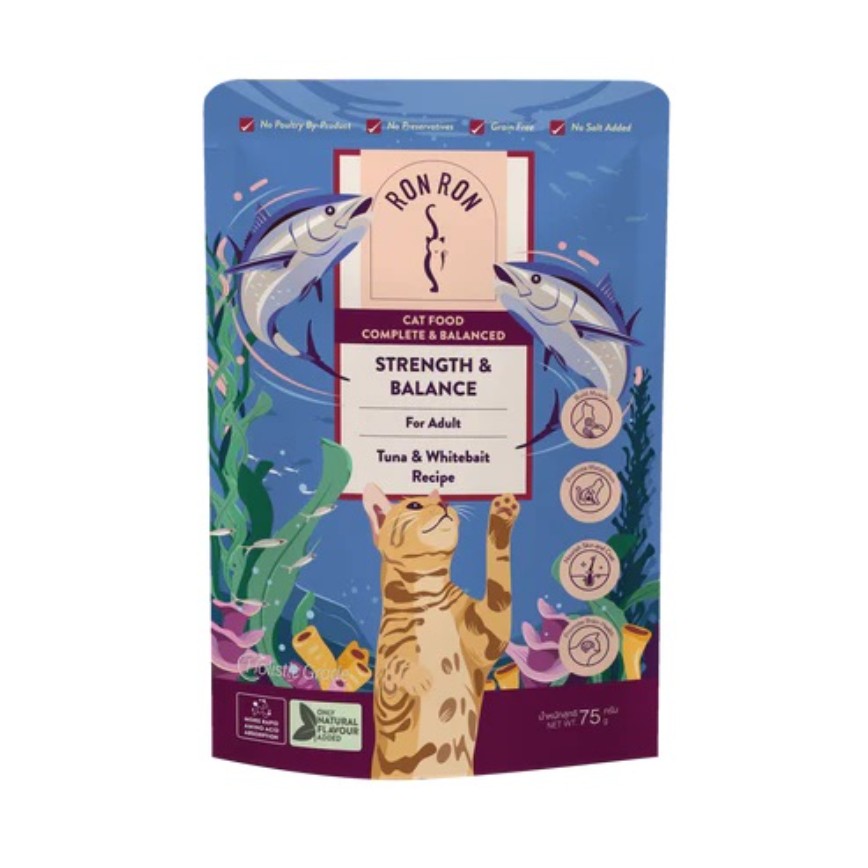 RONRON 貓濕糧 成貓主食包 全方位保健系列 吞拿銀魚海帶高湯 75g (RON60602)
