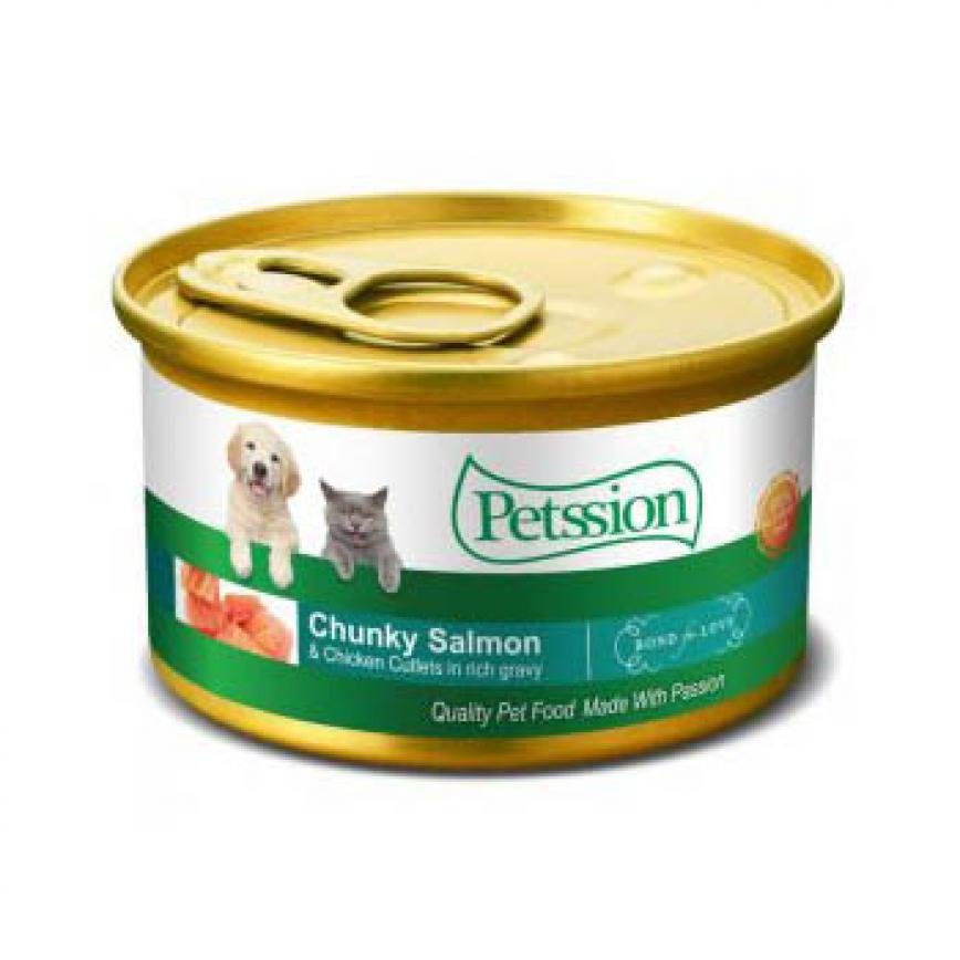 Petssion 貓犬用罐頭 汁煮三文魚滑雞塊 Chunky Salmon & Chicken Cutlets rich gravy 3oz