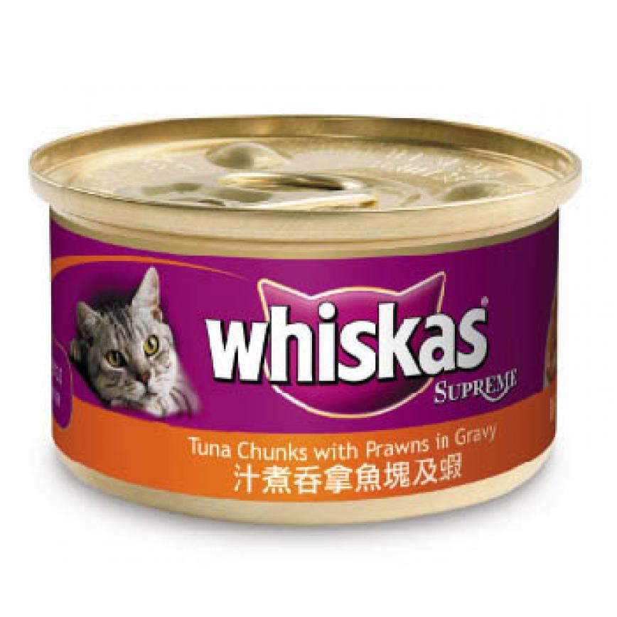 whiskas偉嘉 極品貓罐頭 汁煮吞拿魚塊及蝦 85g (10030724)