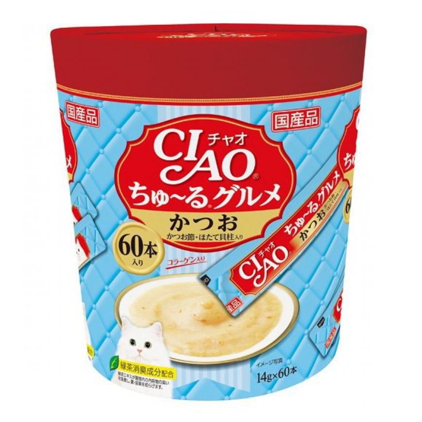 CIAO 肉泥 貓零食 鰹魚帶子肉醬 14g SC-136 60本罐裝 (粉藍) 圖 1