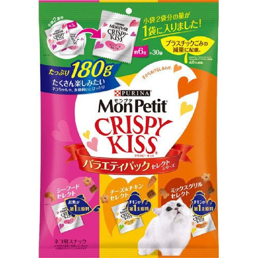 日本MonPetit Crispy Kiss 貓零食 貓脆餅 魚肉雞肉及芝士味 180g (紅黃橙)