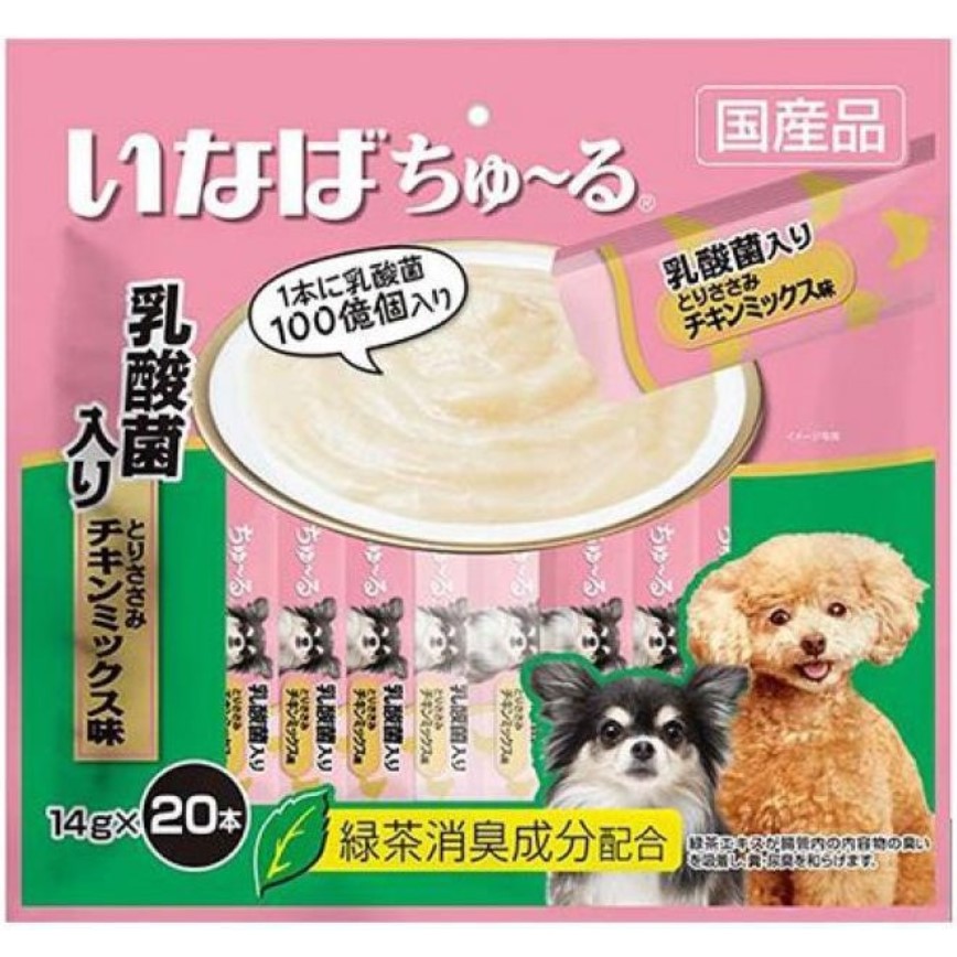CIAO INABA 狗零食 日本狗狗肉泥餐包 乳酸菌及雞肉肉醬 14g 20本袋裝 (粉紅綠) (DS-123) 圖 1