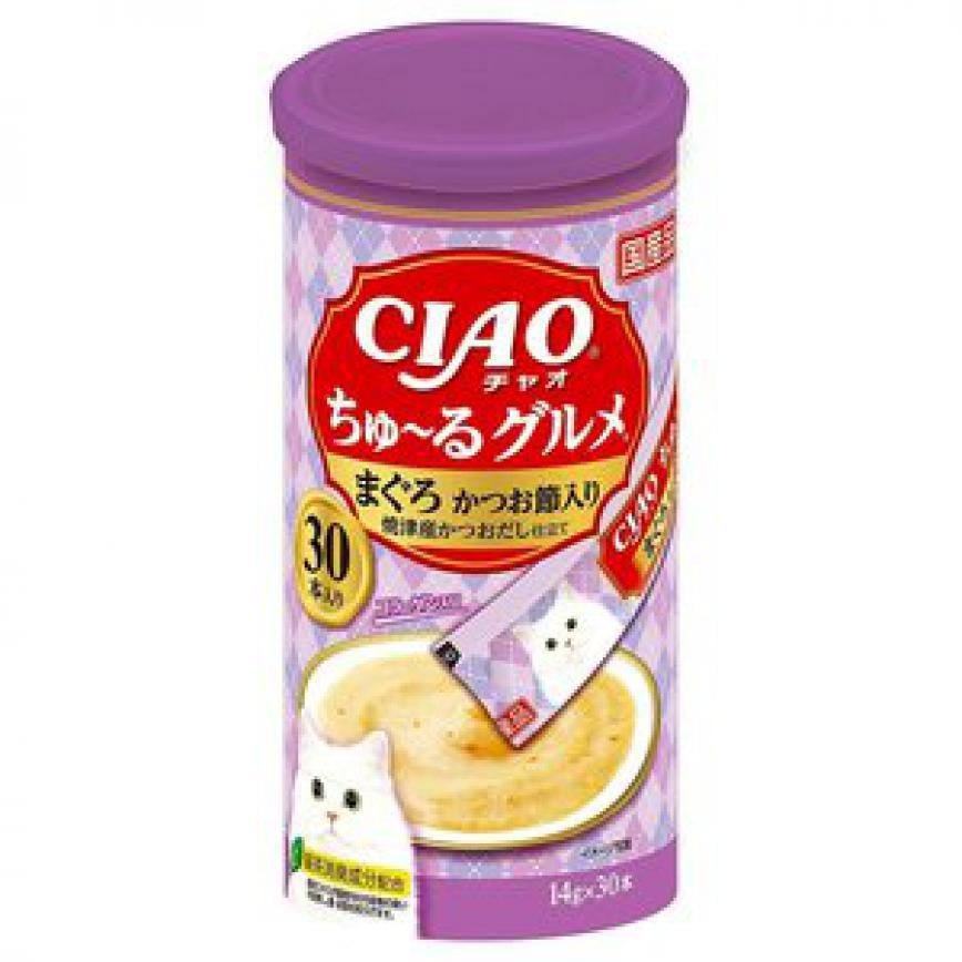 CIAO 肉泥 貓零食 金槍魚及鰹魚肉醬 14g 30本罐裝 (淺紫) 圖 1