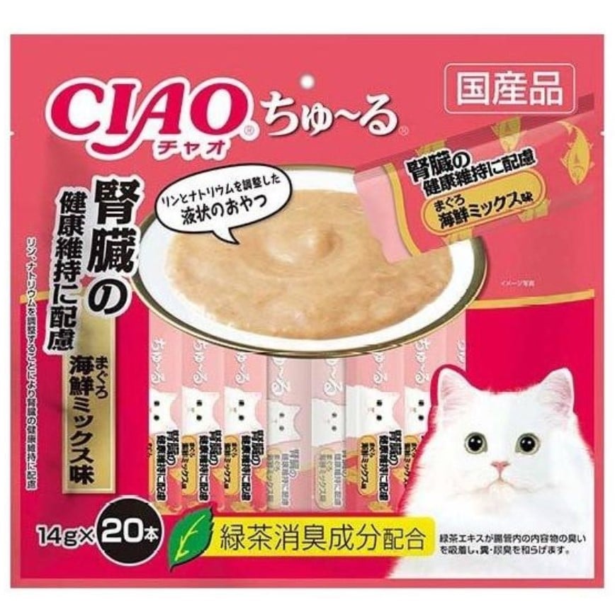 CIAO 肉泥 貓零食 腎臓健康維持 金槍魚什錦海鮮肉醬 14g 20本袋裝 (粉紅) (SC-263) 圖 1